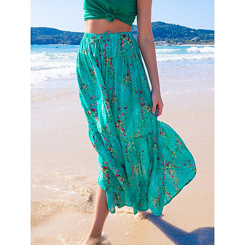 

Women's Holiday Vacation Streetwear Boho Maxi Skirts Floral / Botanical Drawstring Tulle Print Green