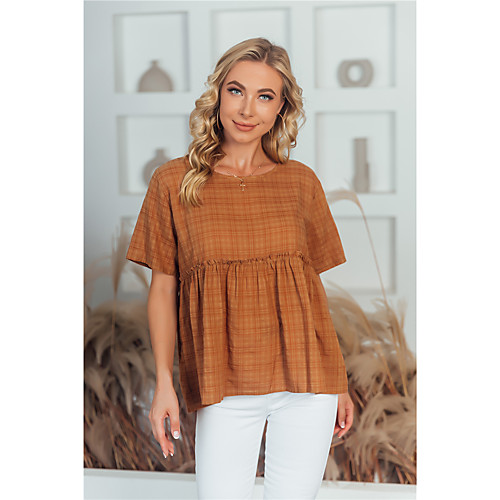 

Women's Blouse Shirt Plaid Print Round Neck Basic Streetwear Tops Yellow