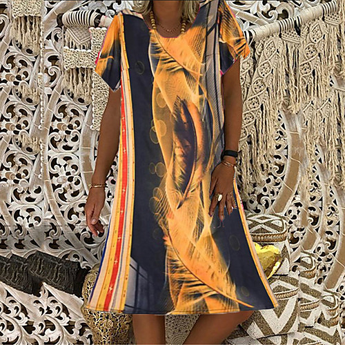 

Women's T Shirt Dress Tee Dress Knee Length Dress Yellow Short Sleeve Color Gradient Abstract Feathers Print Spring Summer Round Neck Ethnic Vintage Boho Holiday Beach Retro L XL XXL 3XL 4XL
