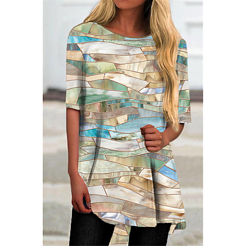 

Women's T Shirt Dress Tee Dress Short Mini Dress Rainbow Half Sleeve Print Color Block Print Fall Summer Round Neck Casual 2021 S M L XL XXL 3XL