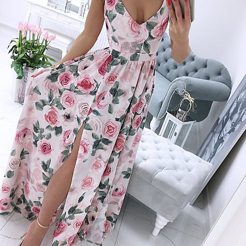 

Women's Swing Dress Maxi long Dress Blushing Pink Red Brown Beige Sleeveless Floral Abstract Split Print Summer V Neck Casual Sexy 2021 S M L XL XXL / Cotton