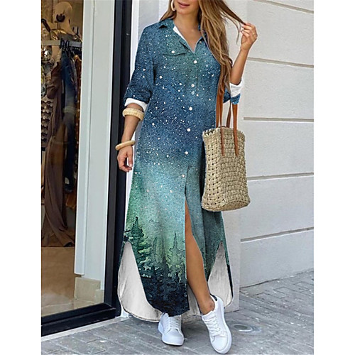 

Women's Shirt Dress Maxi long Dress Light Green Long Sleeve Print Color Gradient Print Spring Summer Shirt Collar Casual 2021 S M L XL XXL 3XL