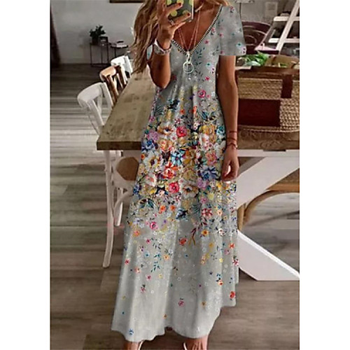 

Women's A Line Dress Maxi long Dress Gray Short Sleeve Floral Print Summer V Neck Casual Holiday 2021 S M L XL XXL 3XL