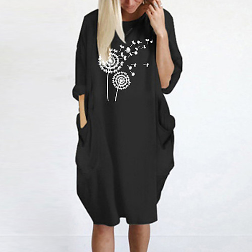 

Women's T Shirt Dress Tee Dress Knee Length Dress Blue Yellow Fuchsia Gray Green White Black Long Sleeve Print Spring Summer Round Neck Casual Oversized 2021 S M L XL XXL 3XL 4XL 5XL