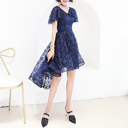 

A-Line Elegant Floral Homecoming Cocktail Party Dress V Neck Half Sleeve Asymmetrical Tulle with Embroidery Pattern / Print 2021