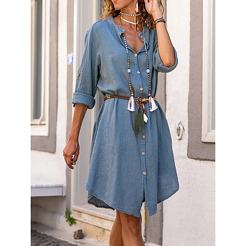 

Women's Shirt Dress Knee Length Dress Blue 3/4 Length Sleeve Solid Color Spring Summer Casual 2021 S M L XL XXL / Cotton
