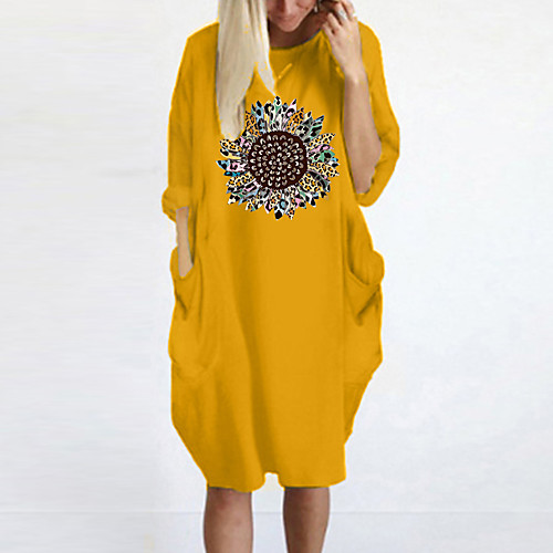 

Women's T Shirt Dress Tee Dress Knee Length Dress Blue Yellow Fuchsia Gray Green White Black Long Sleeve Floral Spring Summer Round Neck Casual Oversized 2021 S M L XL XXL 3XL 4XL 5XL