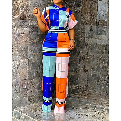 

Women's Elegant Casual 2021 Orange Jumpsuit Multi Color Square Print