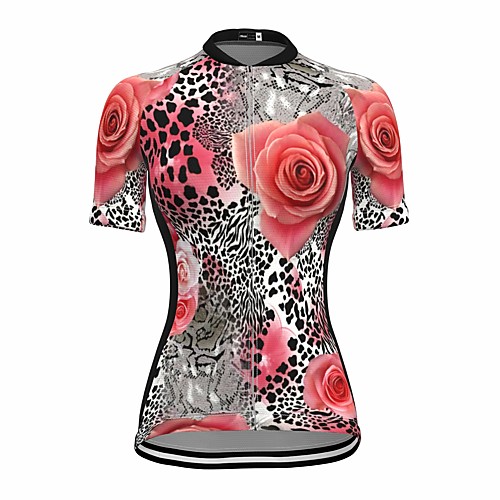 

21Grams Women's Short Sleeve Cycling Jersey Summer Spandex Rose Red Leopard 3D Floral Botanical Bike Top Mountain Bike MTB Road Bike Cycling Quick Dry Moisture Wicking Sports Clothing Apparel