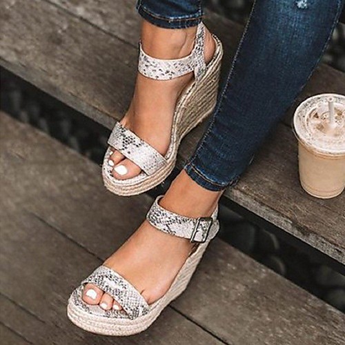 

Women's Sandals Wedge Heel Round Toe PU Solid Colored Snake Camel Rainbow Black