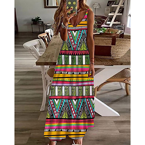 

Women's A Line Dress Maxi long Dress Rainbow Sleeveless Color Block Geometric Print Spring Summer V Neck Casual Holiday 2021 S M L XL XXL 3XL