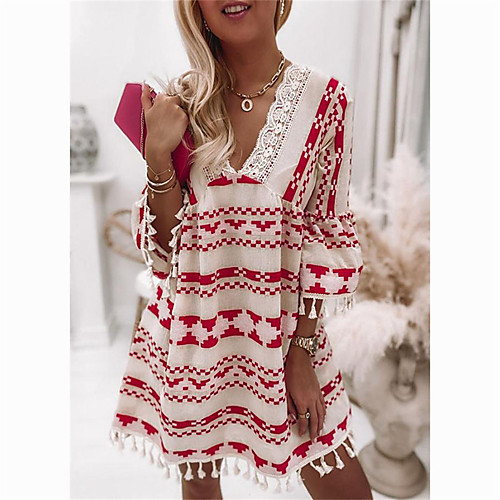 

Women's Swing Dress Short Mini Dress Red 3/4 Length Sleeve Stripes Stripe Spring Summer V Neck Casual Casual / Daily 2021 S M L XL XXL XXXL
