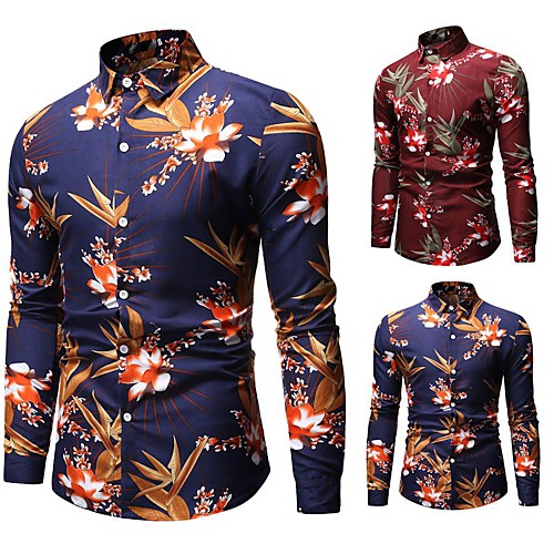 

Men's Shirt Floral Button-Down Long Sleeve Casual Tops Lightweight Casual Fashion Breathable Blue Red