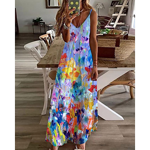 

Women's A Line Dress Maxi long Dress Blue Sleeveless Floral Color Gradient Print Summer V Neck Casual 2021 S M L XL XXL 3XL