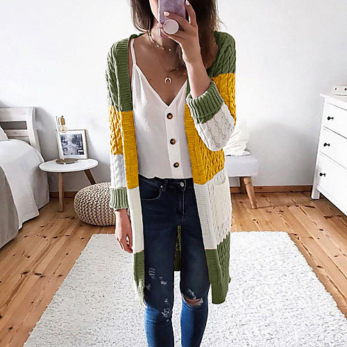 

Women's Casual Classic Style Multi Color Color Block Cardigan Sweater Long Sleeve Sweater Cardigans Open Front Fall Winter Skin powder Yellow Black
