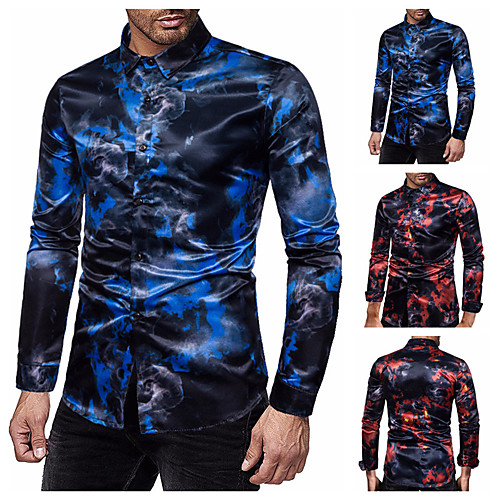 

Men's Shirt Chains Print Long Sleeve Casual Tops Classic Blue Red