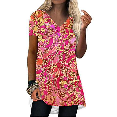 

Women's T Shirt Dress Tee Dress Short Mini Dress Black Red Short Sleeve Floral Abstract Print Summer V Neck Casual 2021 S M L XL XXL 3XL