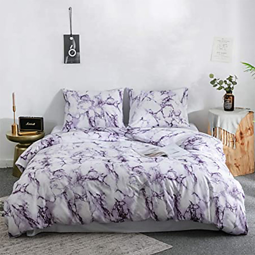 

3 Pcs Duvet Cover Set Queen Marble Printed Bedding Sets Purple and White Abstract Comforter Cover with Zipper Ties Soft Lightweight Microfiber 1 Duvet Cover and 2 Pillow Shams