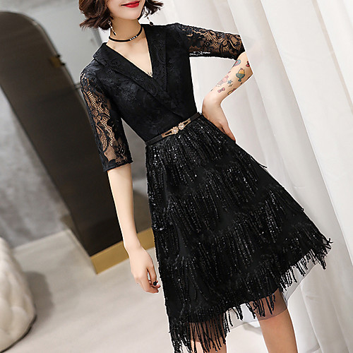 

A-Line Sparkle Elegant Party Wear Cocktail Party Dress V Neck Half Sleeve Knee Length Lace Sequined with Sequin Tassel 2021