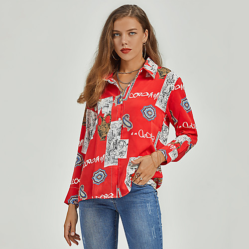 

Women's Blouse Shirt Graphic Long Sleeve Button Print Shirt Collar Basic Streetwear Tops Red