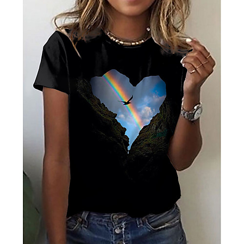 

Women's 3D Printed Painting T shirt Rainbow Heart 3D Print Round Neck Basic Tops Black