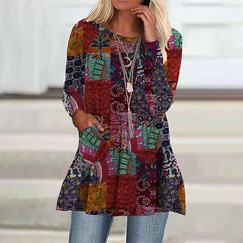 

Women's Shift Dress Short Mini Dress Wine Long Sleeve Print Plaid Pocket Print Fall Round Neck Casual 2021 S M L XL XXL 3XL