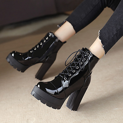 

Women's Boots Chunky Heel Round Toe Booties Ankle Boots Daily Patent Leather Lace-up Solid Colored Black / Booties / Ankle Boots
