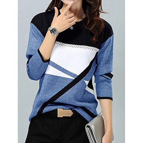 

Women's Multi Color Square Pullover Long Sleeve Sweater Cardigans Round Neck Blue Gray Green