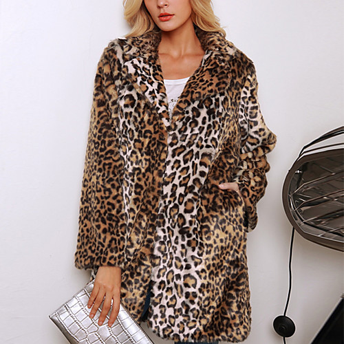

Women's Faux Fur Coat Daily Fall & Winter Long Coat Peter Pan Collar Regular Fit Basic Jacket Long Sleeve Leopard Print Print Brown