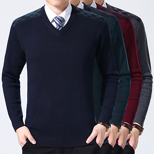 

Men's Stylish Vintage Style Knitted Solid Color Pullover Sweater Long Sleeve Sweater Cardigans V Neck Fall Winter Gray Royal Blue Red