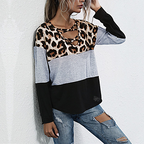 

Women's Sweatshirt Pullover Color Block Leopard Print Casual Daily Sports Other Prints Sportswear Streetwear Hoodies Sweatshirts Gray