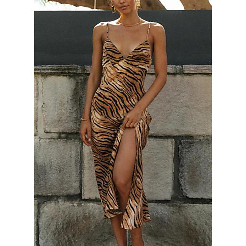 

Women's Strap Dress Midi Dress khaki Sleeveless Leopard Print Leopard Print Spring Summer V Neck Sexy 2021 S M L XL XXL XXXL