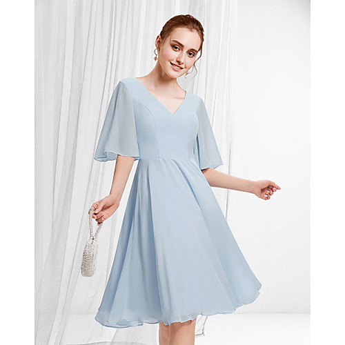 

A-Line Flirty Minimalist Engagement Cocktail Party Dress V Neck Half Sleeve Knee Length Chiffon with Sleek 2021