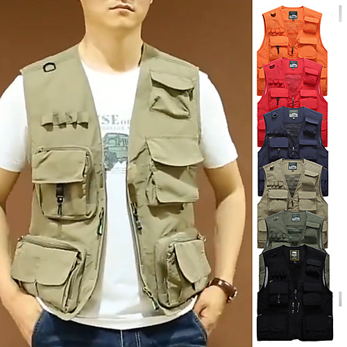 

Men's Hiking Vest / Gilet Fishing Vest Sleeveless Jacket Zip Top Outdoor Windproof Ultra Light (UL) Quick Dry Multi Pockets Autumn / Fall Spring Summer Nylon Solid Color Red Army Green Grey Camping