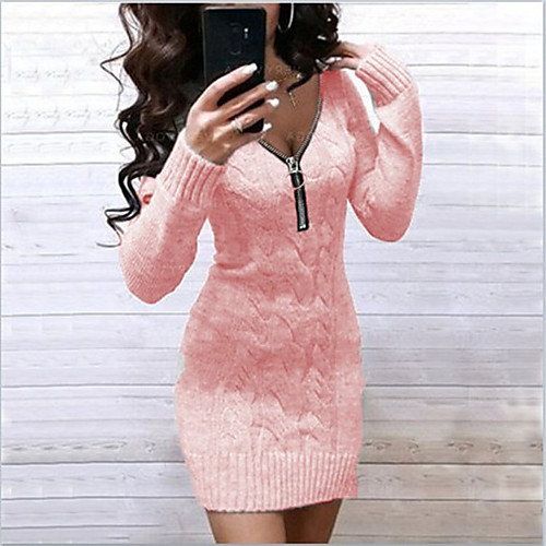 

Women's A Line Dress Knee Length Dress Blue Blushing Pink Wine Gray Green White Light gray Black Light Blue Long Sleeve Solid Color Zipper Fall V Neck Casual 2021 S M L XL XXL 3XL