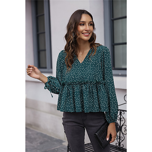 

Women's Blouse Shirt Polka Dot Long Sleeve Ruffle Print V Neck Basic Streetwear Tops Green