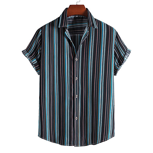 

Men's Shirt 3D Print Striped Print Short Sleeve Vacation Tops Beach Navy Blue