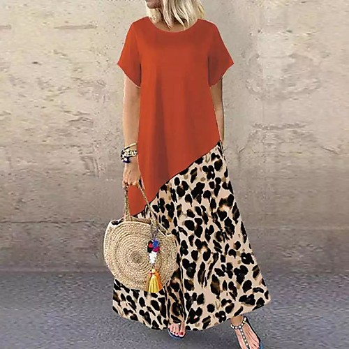 

Women's T Shirt Dress Tee Dress Maxi long Dress Gray Orange Short Sleeve Leopard Print Spring Summer Casual Loose 2021 S M L XL XXL XXXL 4XL 5XL