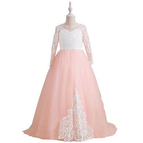 

A-Line Floor Length Flower Girl Dresses Party Chiffon Long Sleeve Jewel Neck with Appliques