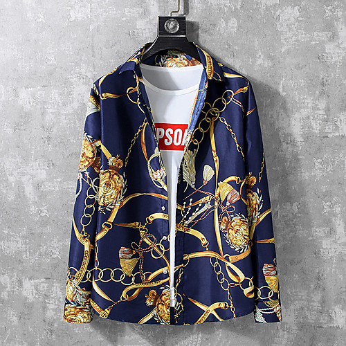 

Men's Shirt Other Prints Graphic Graphic Prints Plus Size Print Short Sleeve Casual Tops Chinoiserie Navy Blue / Long Sleeve