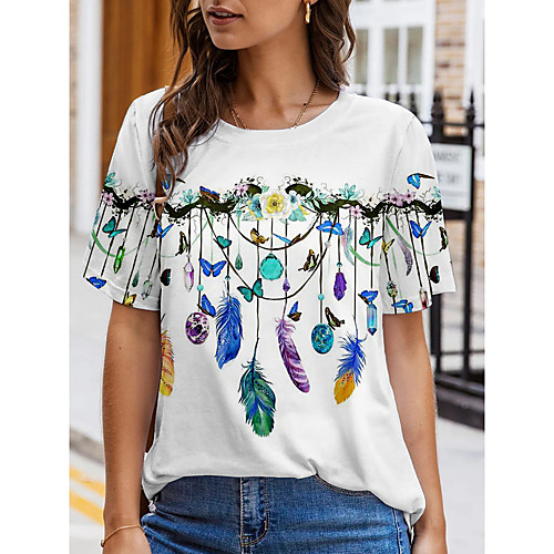 

Women's Painting T shirt Feather Print Round Neck Basic Tops White