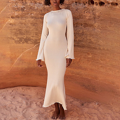 

Women's Sheath Dress Maxi long Dress White Black Brown Long Sleeve Solid Color Backless Fall Summer Round Neck Casual 2021 S M L / Cotton