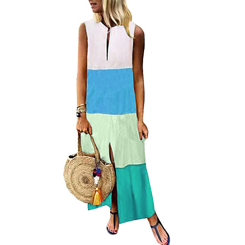 

Women's Shift Dress Maxi long Dress Blue Yellow Gray Orange Sleeveless Color Block Split Summer V Neck Casual 2021 S M L XL XXL