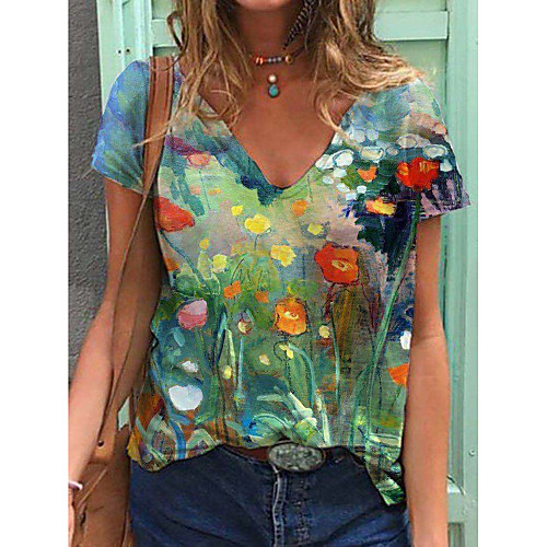 

Women's Floral Theme Abstract 3D Printed T shirt Floral Graphic 3D Print V Neck Basic Tops Purple Green Black