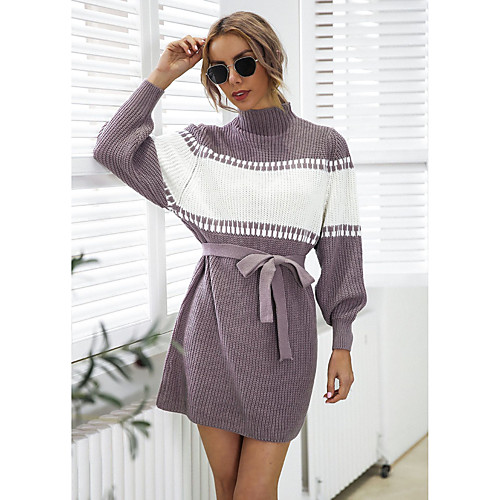 

Women's Shift Dress Short Mini Dress Grey Apricot Purple Gray Black Long Sleeve Stripes Modern Style Fall Winter High Neck Casual 2021 S M L XL