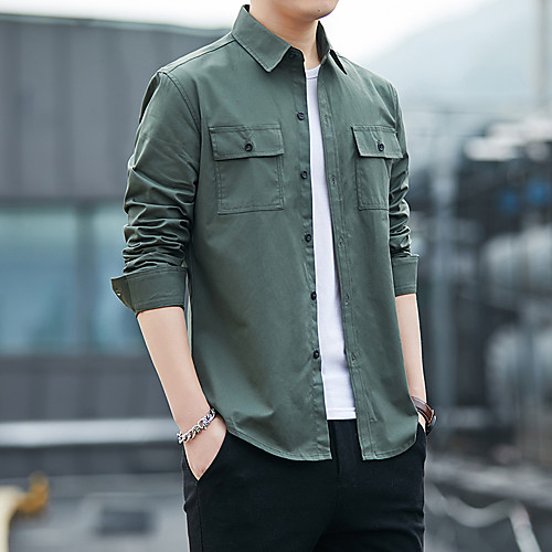 

Men's Shirt non-printing Solid Color Long Sleeve Casual Tops Cotton Simple Blue Army Green Khaki