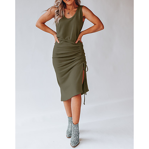 

Women's Sheath Dress Knee Length Dress ArmyGreen Light Grey Black Sleeveless Simple Drawstring Spring Summer U Neck Casual 2021 S M L XL XXL