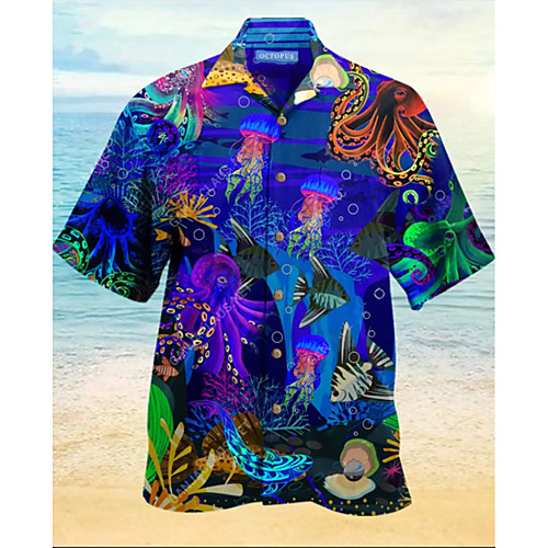 

Men's Shirt 3D Print Underwater World 3D Print Short Sleeve Holiday Tops Beach Blue