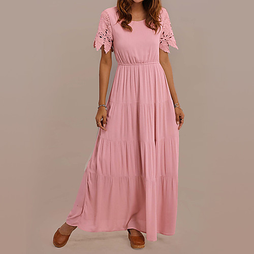 

Women's A Line Dress Maxi long Dress Blushing Pink Short Sleeve Solid Color Summer Round Neck Casual 2021 S M L XL XXL / Cotton