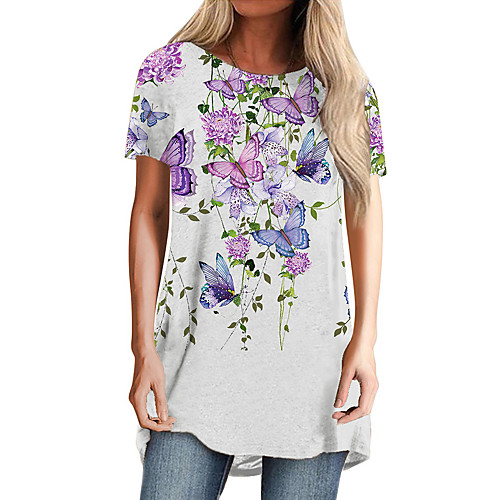

Women's Floral Theme Butterfly Painting T shirt Floral Butterfly Print Round Neck Basic Tops White Blue Green